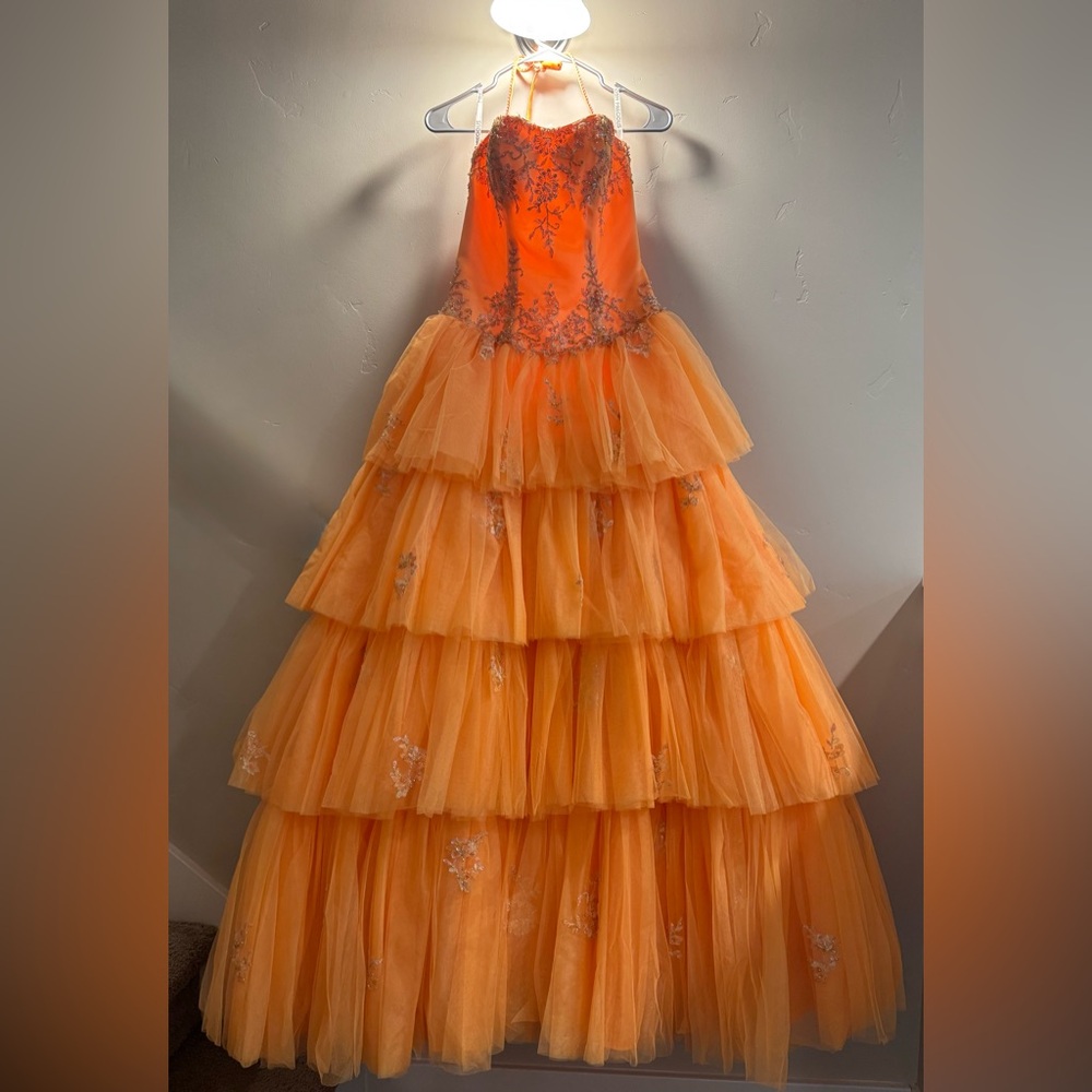 Vibrant ORANGE-CRUSH Strapless Tiered Gown